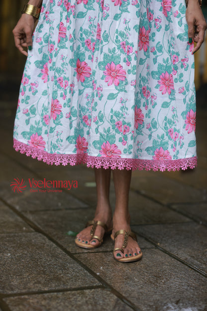 Gathered Dress - White with Pink