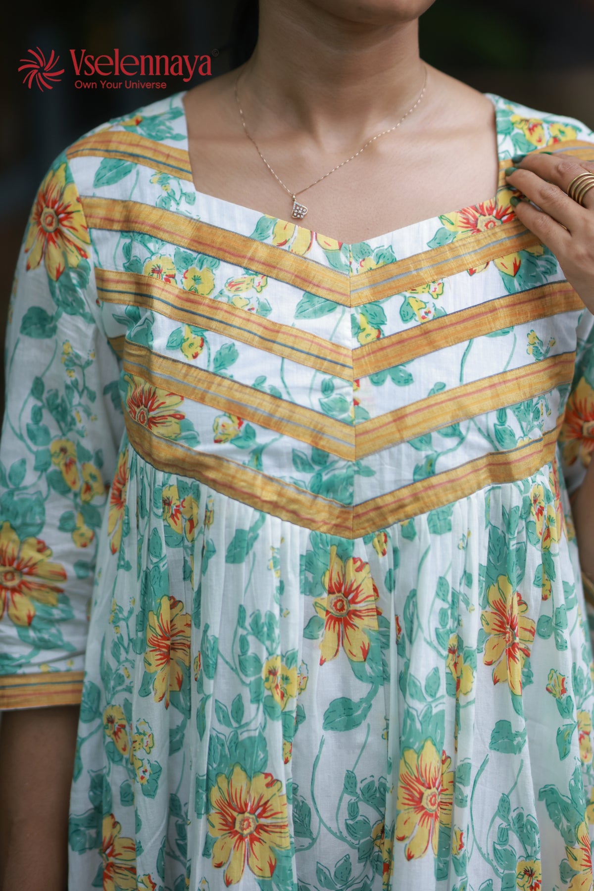 Gathered Dress - White with Yellow Floral