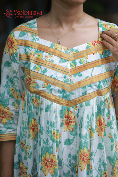 Gathered Dress - White with Yellow Floral