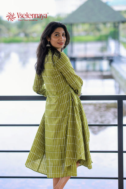 Cotton A-Line Dress - Olive Green