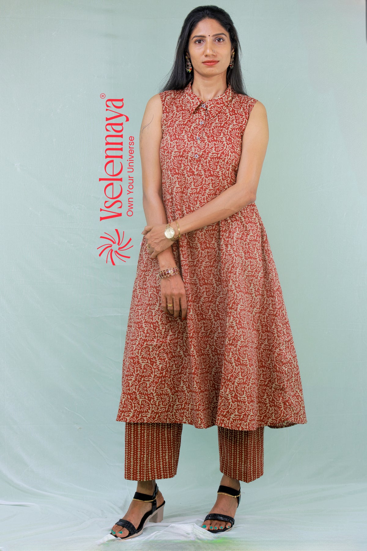 Printed Cotton Co-Ord Set - Brick Red