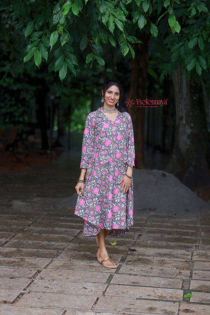 Kantha Cotton A Line Dress - Deep Navy Blue