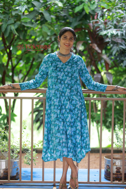 Kantha Cotton A Line Dress - Deep Teal Green