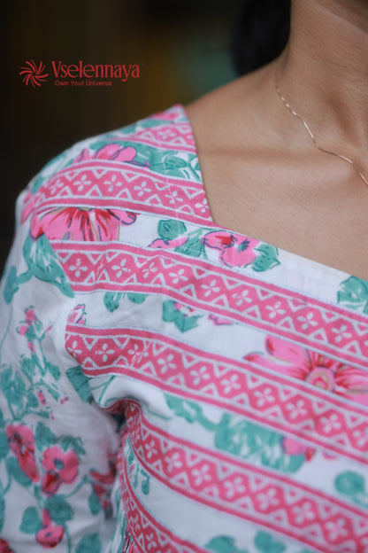 Gathered Dress - White with Pink