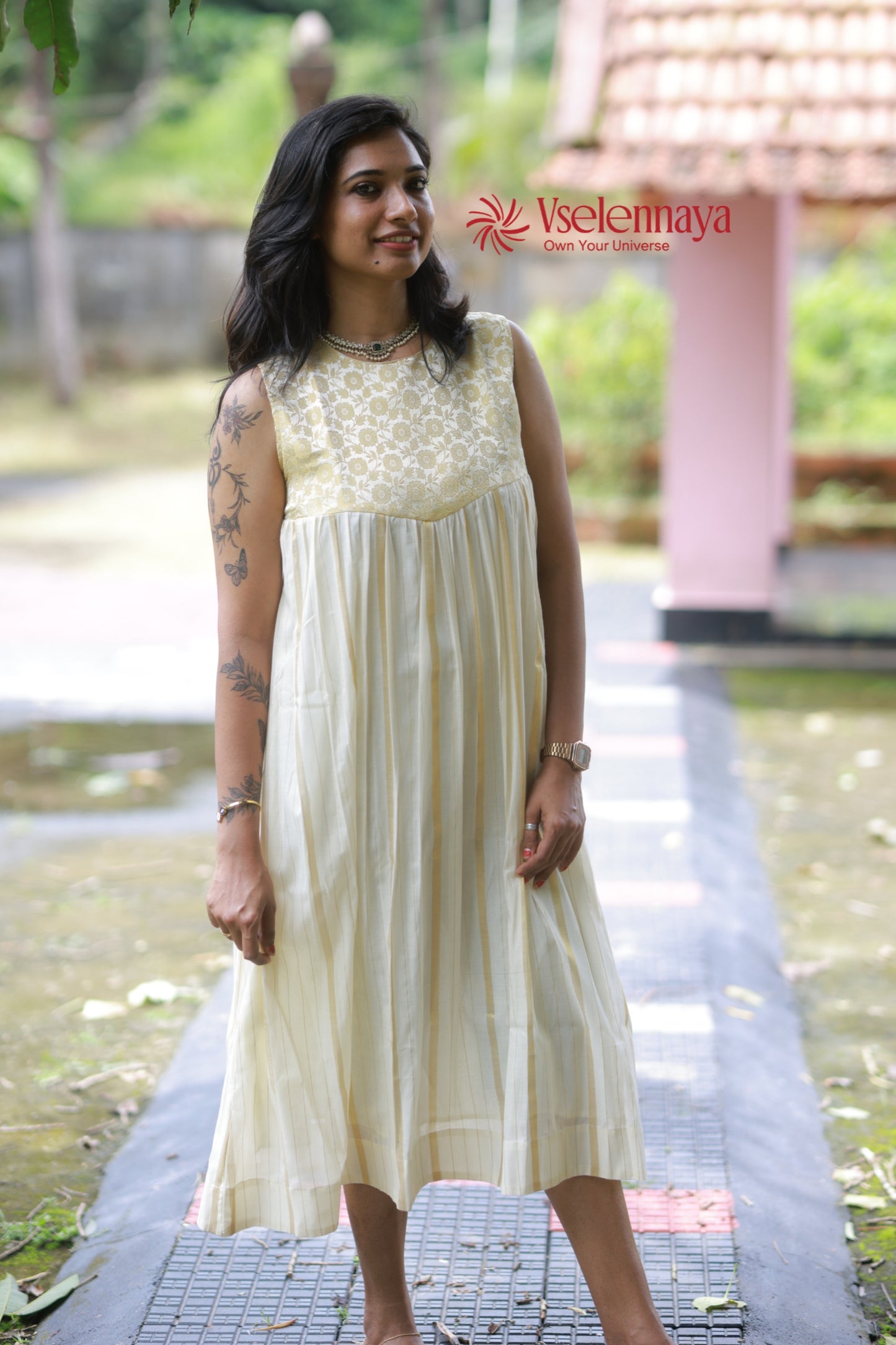 Hemam -Butter Yellow with Off-White with Gold Vertical Zari stripes(Onam Special Limited Design)