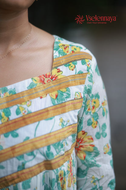 Gathered Dress - White with Yellow Floral