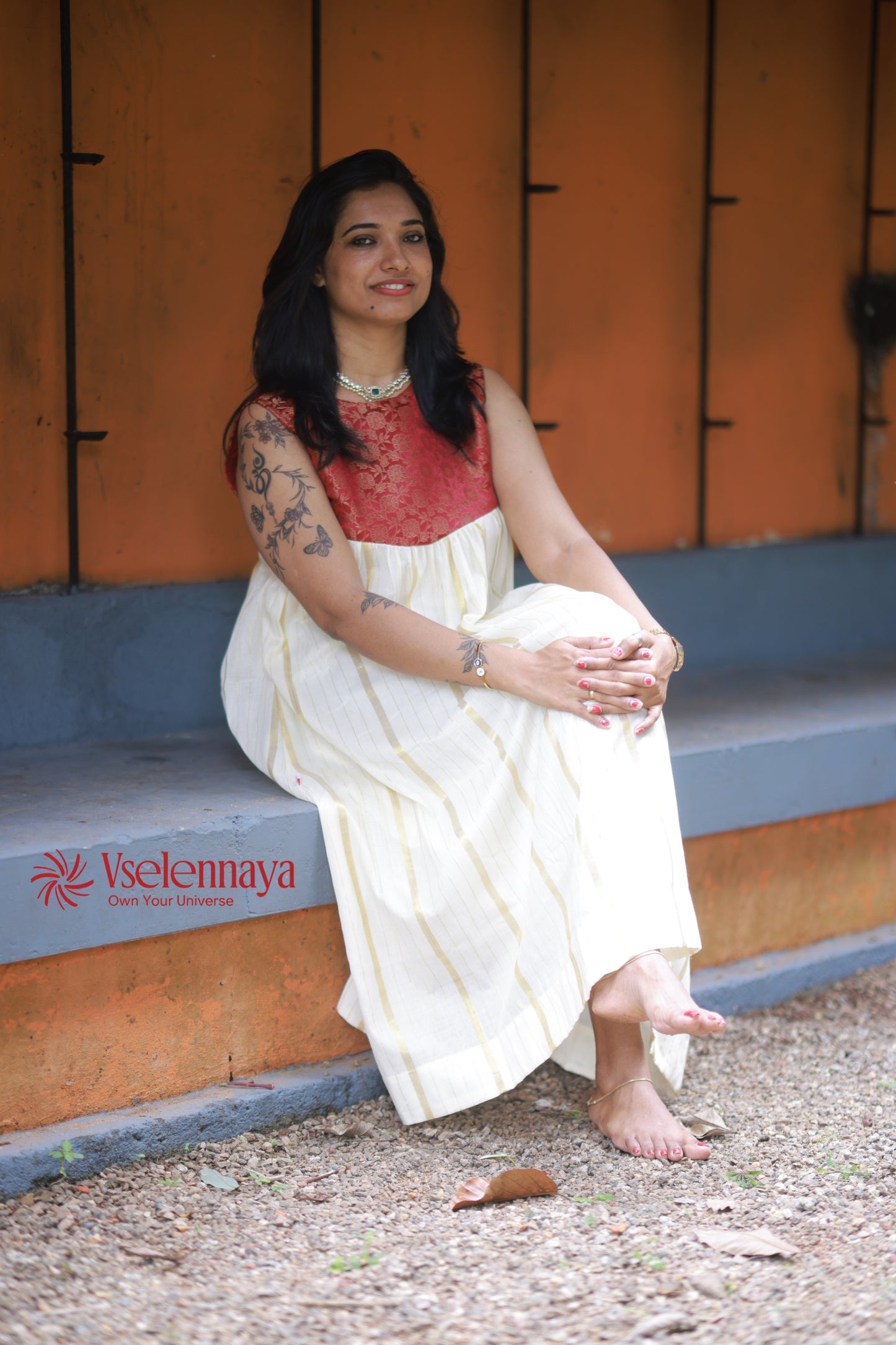 Hemam -Maroon Red with Off-White with Gold Vertical Zari stripes(Onam Special Limited Design)
