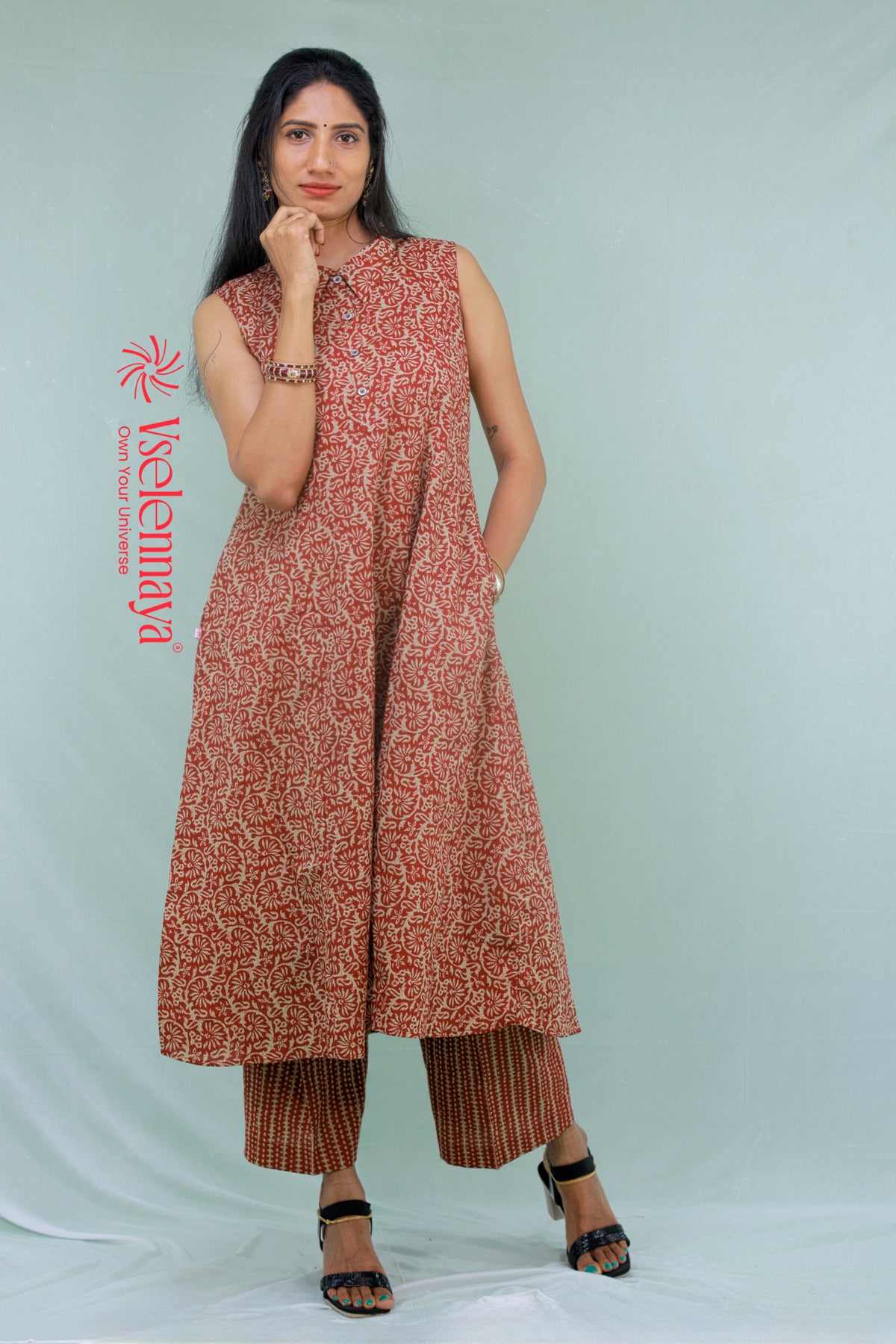 Printed Cotton Co-Ord Set - Brick Red