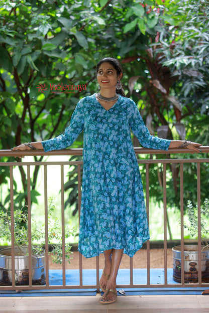 Kantha Cotton A Line Dress - Deep Teal Green