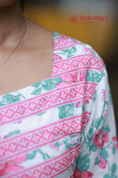 Gathered Dress - White with Pink