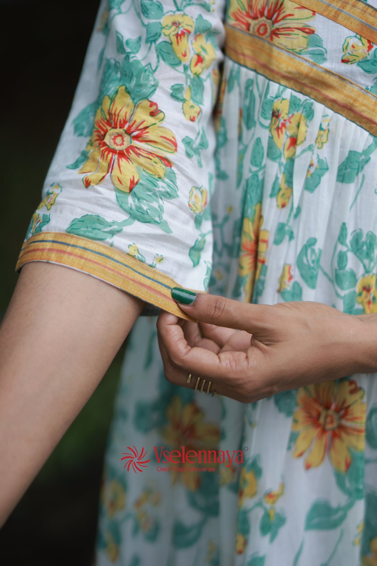 Gathered Dress - White with Yellow Floral