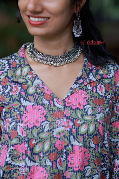 Kantha Cotton A Line Dress - Deep Navy Blue