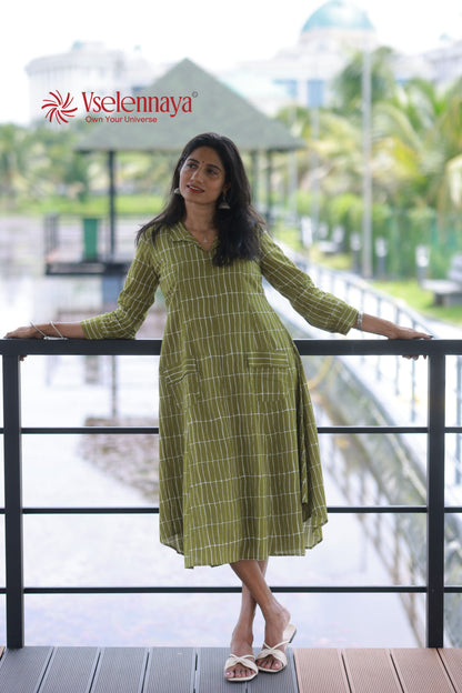 Cotton A-Line Dress - Olive Green