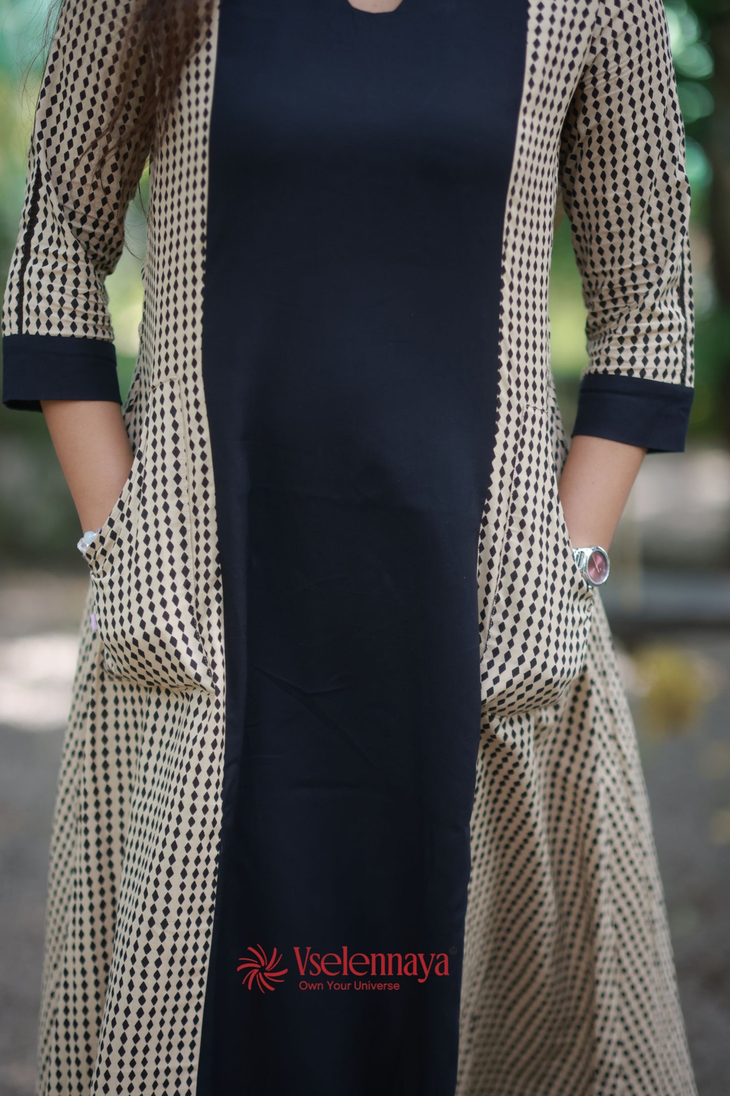 Patch Pocket A-Line Dress - Beige & Black