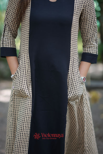 Patch Pocket A-Line Dress - Beige & Black