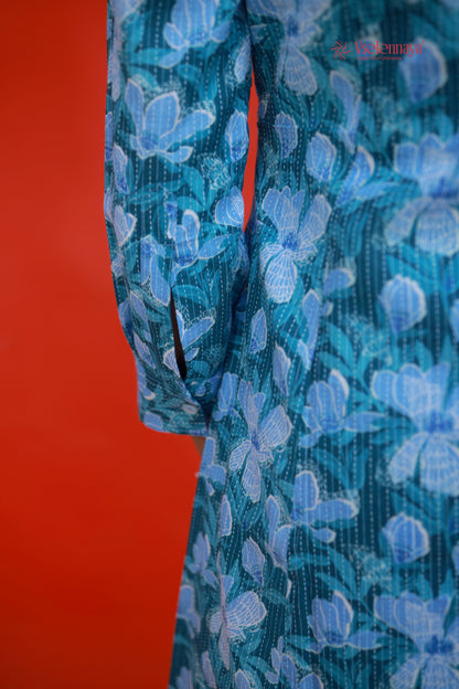 Kantha Cotton A Line Dress - Deep Teal Green