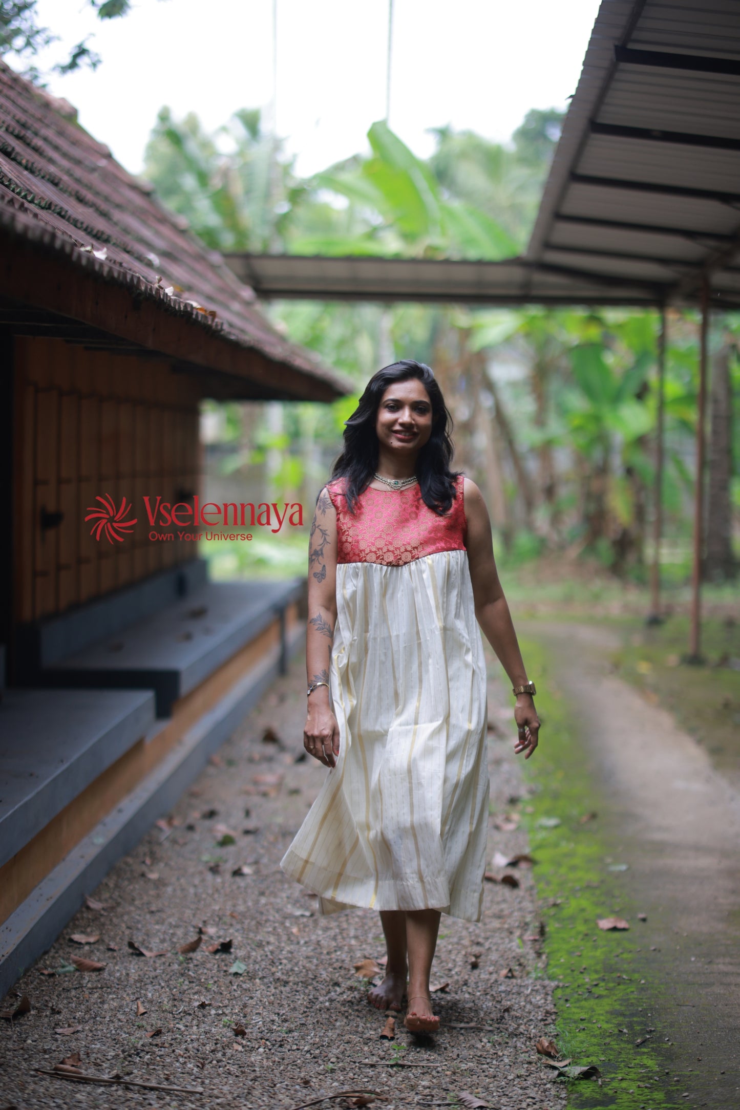 Hemam -Maroon Red with Off-White with Gold Vertical Zari stripes(Onam Special Limited Design)