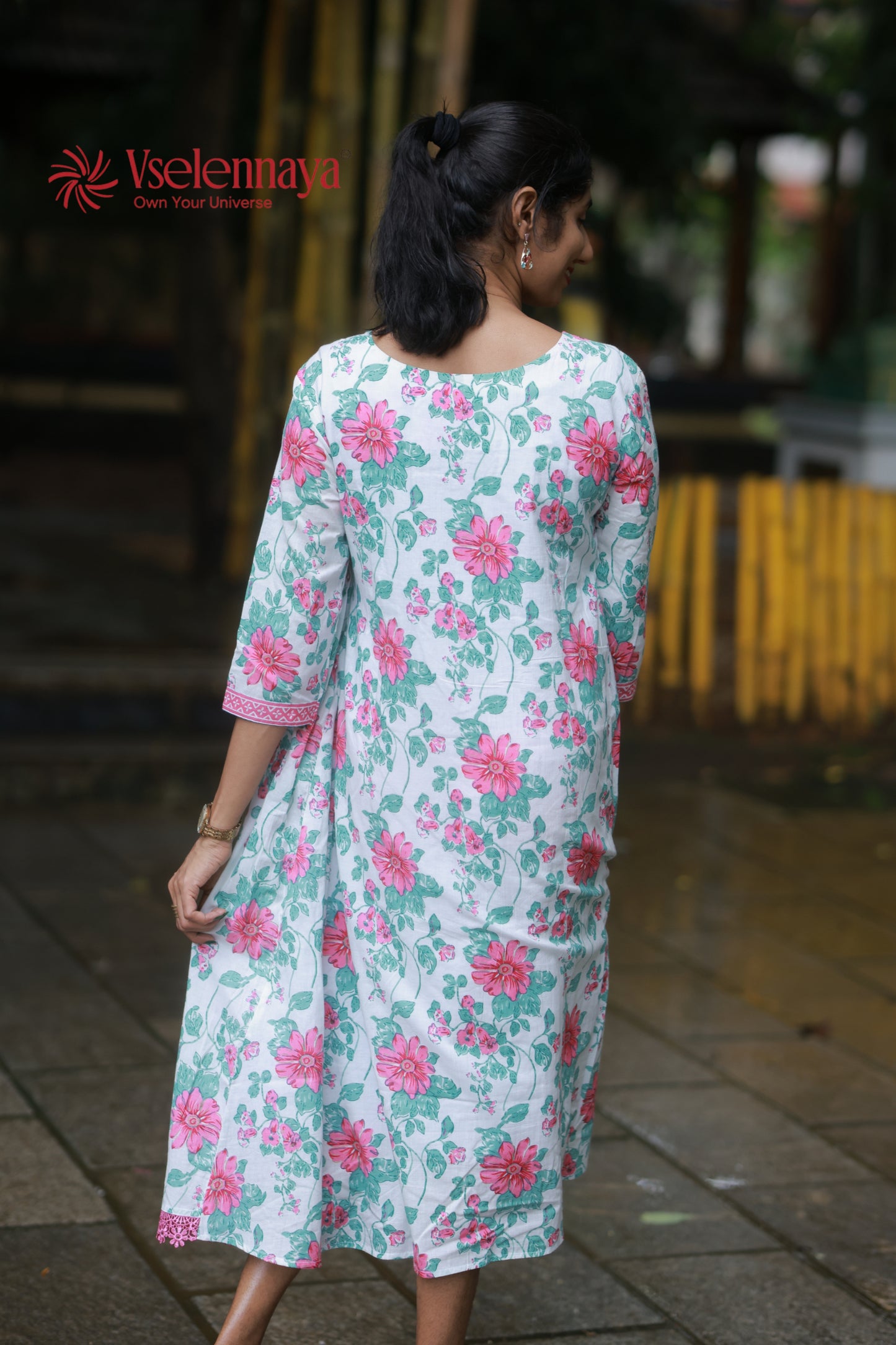 Gathered Dress - White with Pink