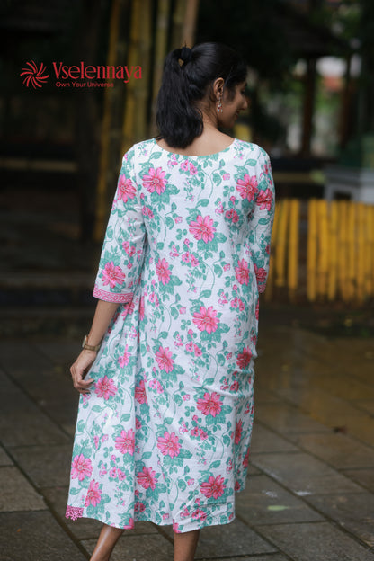 Gathered Dress - White with Pink