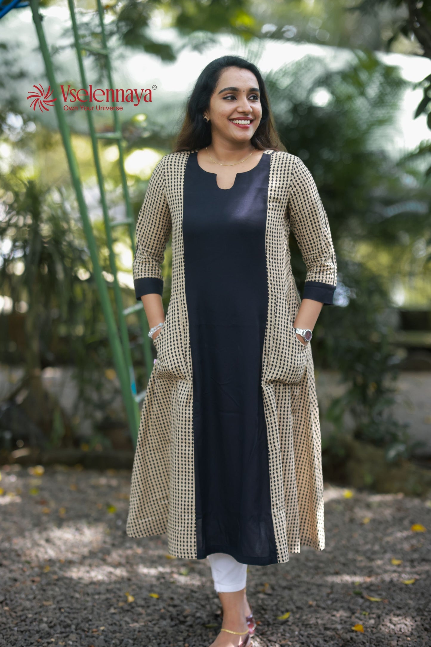 Patch Pocket A-Line Dress - Beige & Black