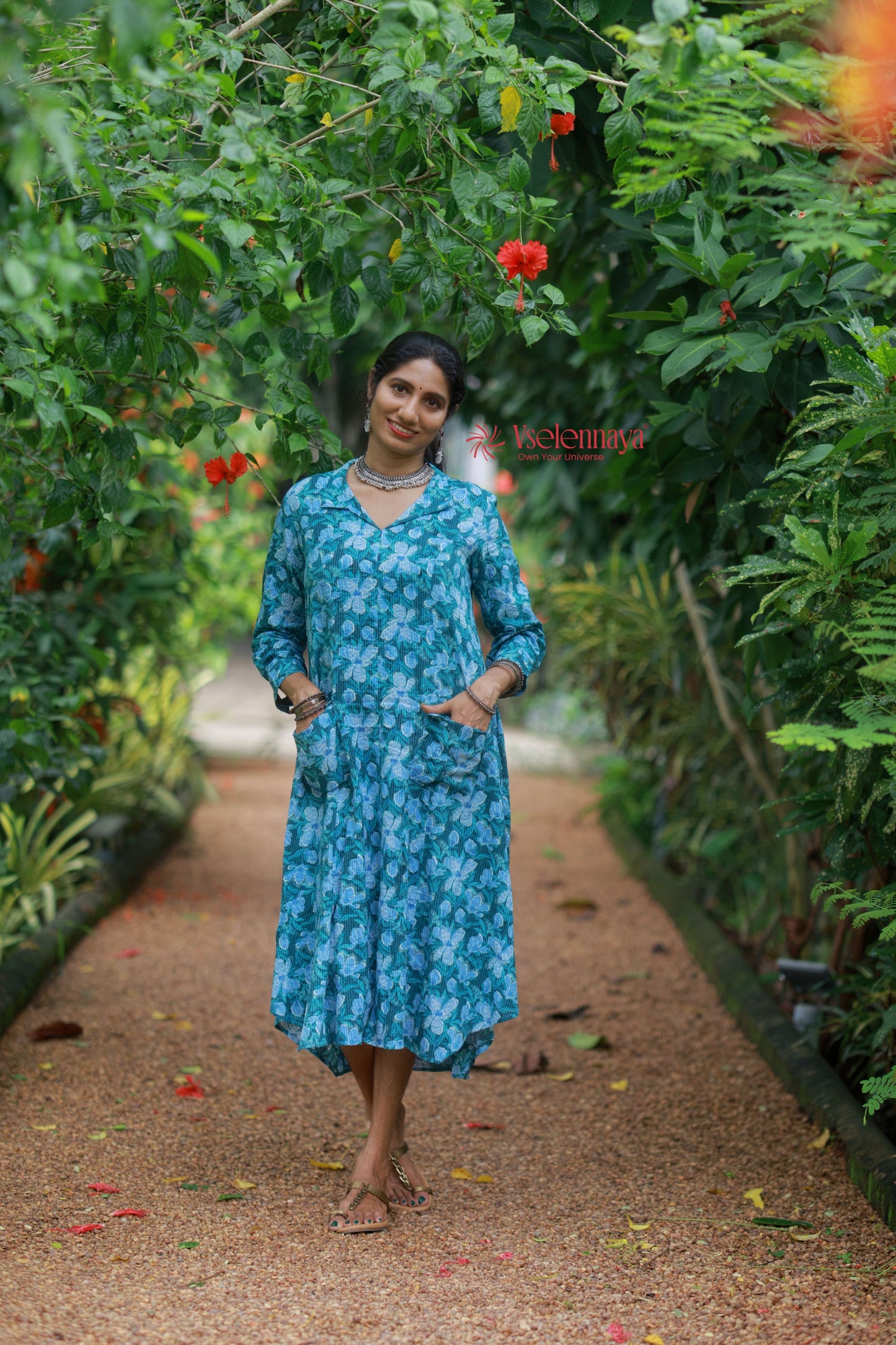 Kantha Cotton A Line Dress - Deep Teal Green