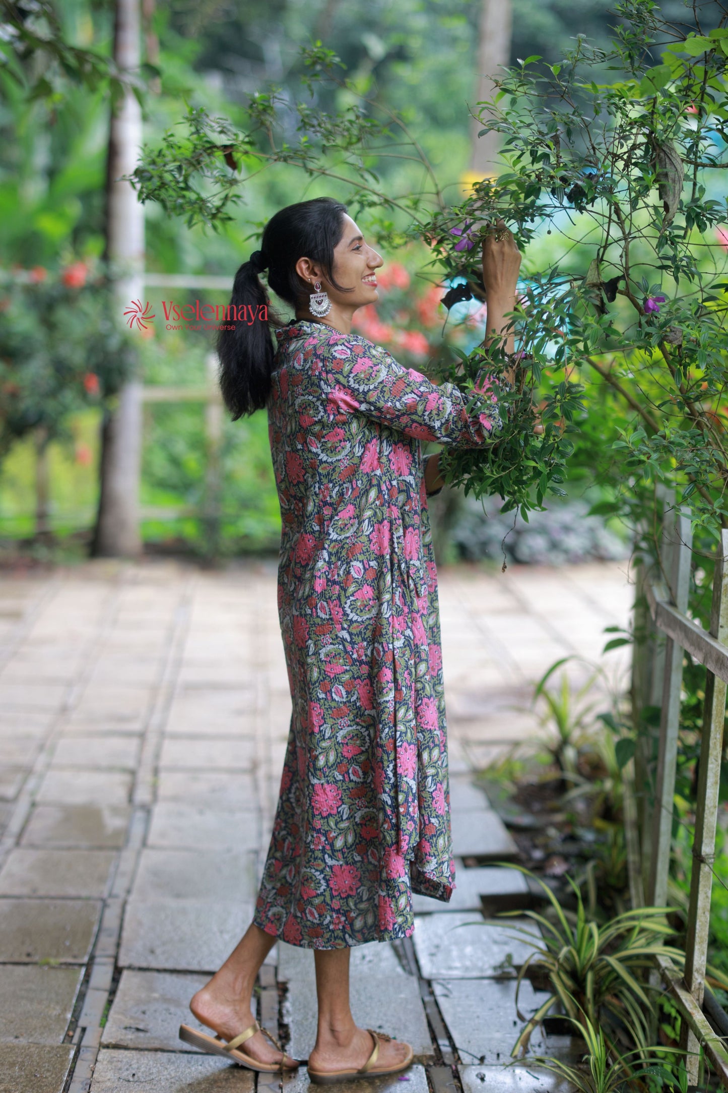 Kantha Cotton A Line Dress - Deep Navy Blue