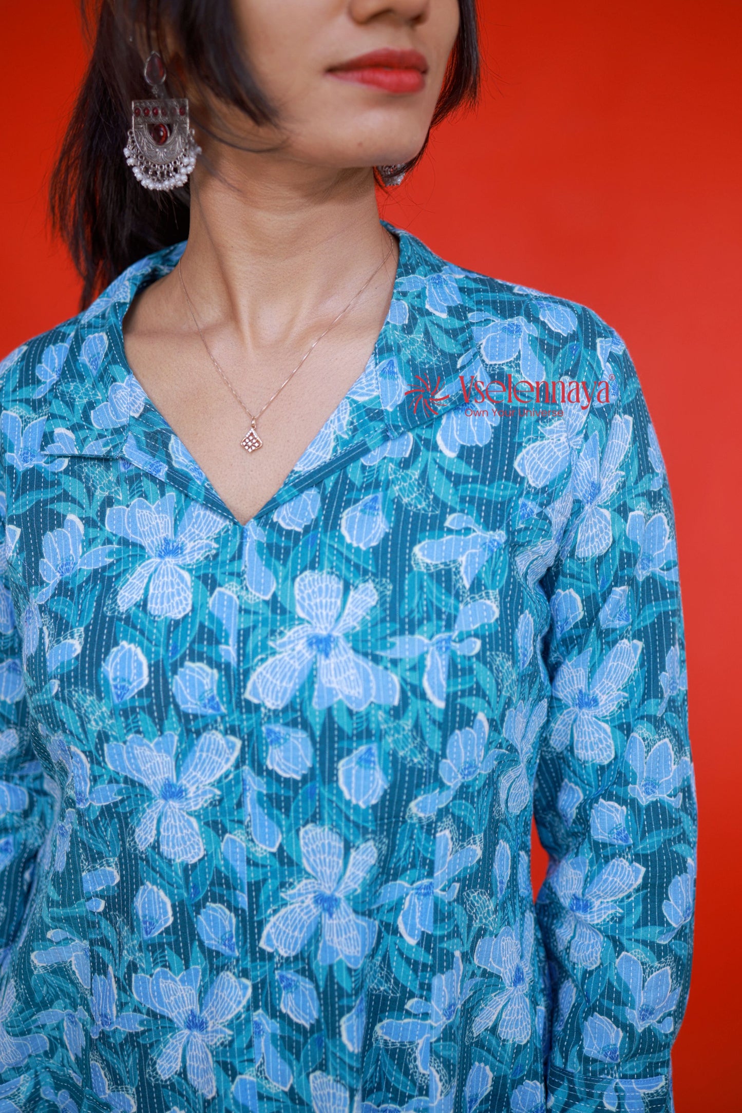 Kantha Cotton A Line Dress - Deep Teal Green