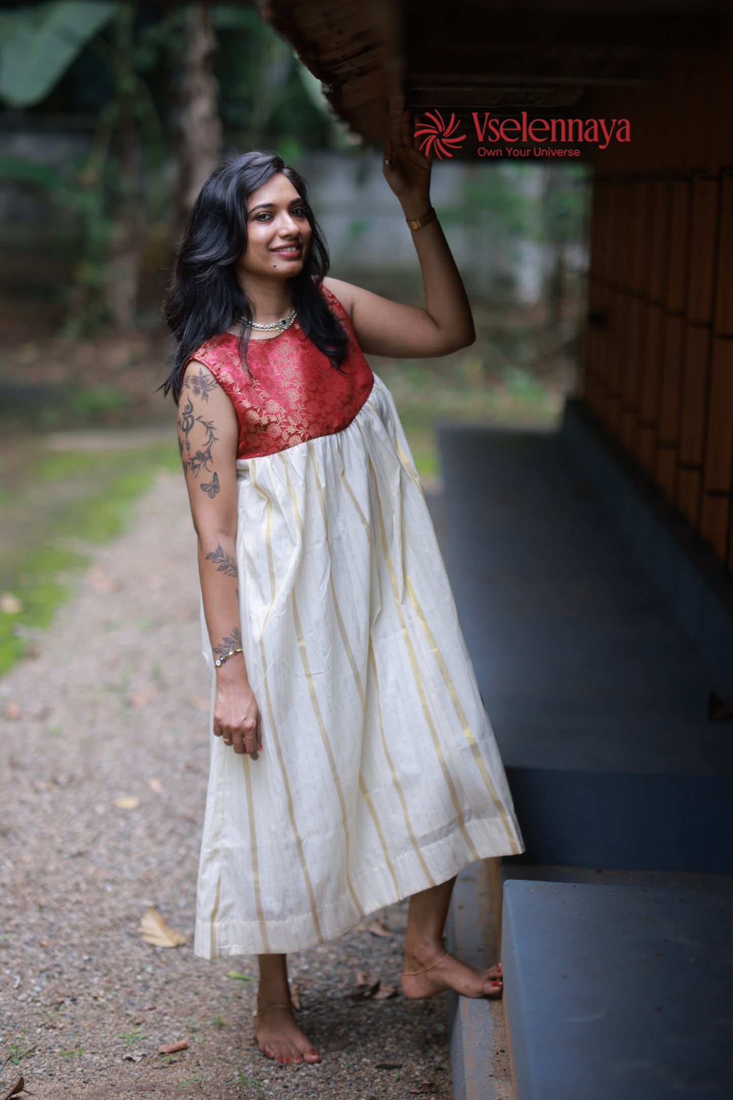 Hemam -Maroon Red with Off-White with Gold Vertical Zari stripes(Onam Special Limited Design)