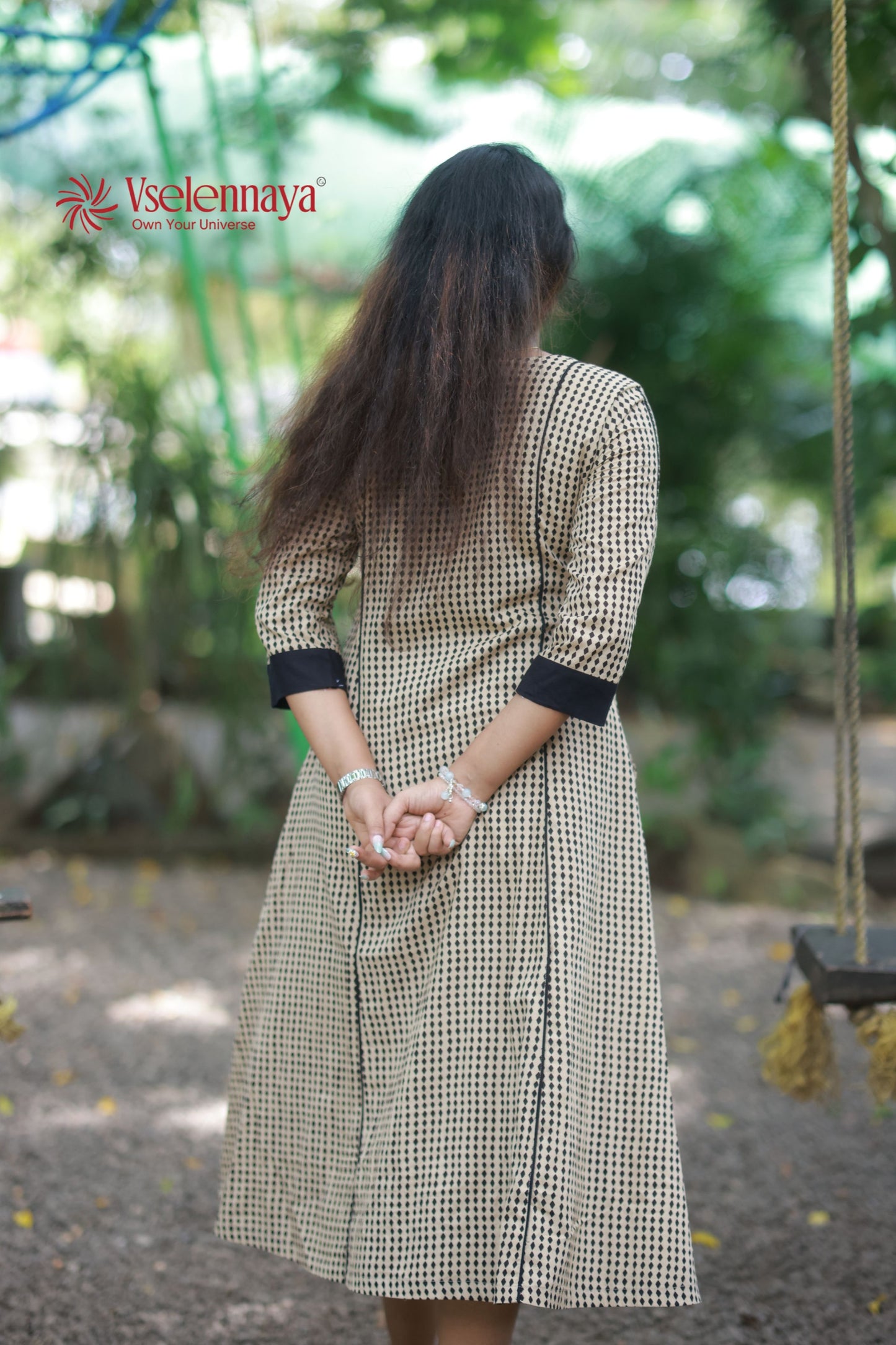 Patch Pocket A-Line Dress - Beige & Black
