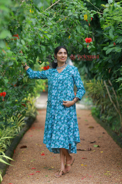 Kantha Cotton A Line Dress - Deep Teal Green