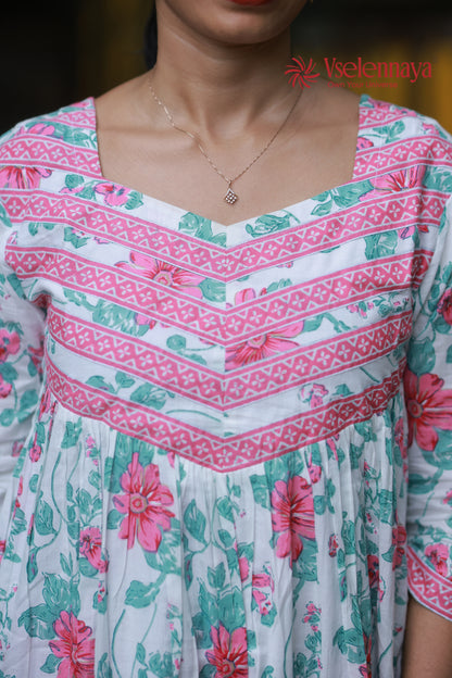 Gathered Dress - White with Pink