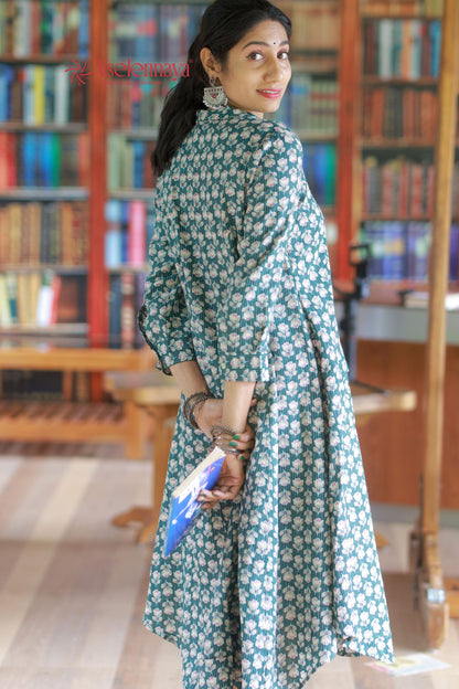 Kantha Cotton A Line Dress - Forest Green