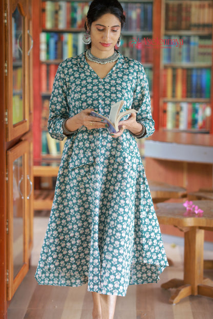 Kantha Cotton A Line Dress - Forest Green