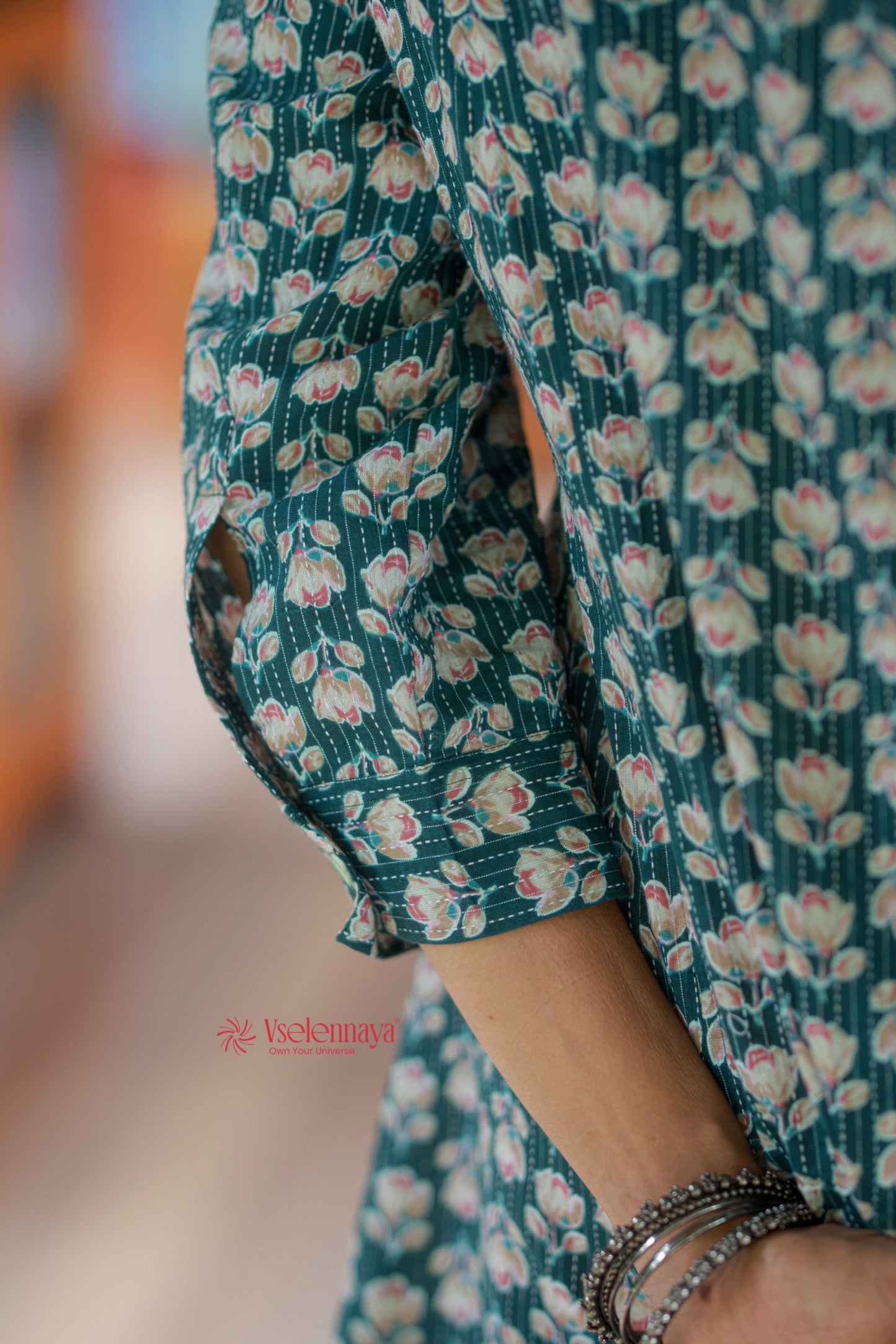 Kantha Cotton A Line Dress - Forest Green