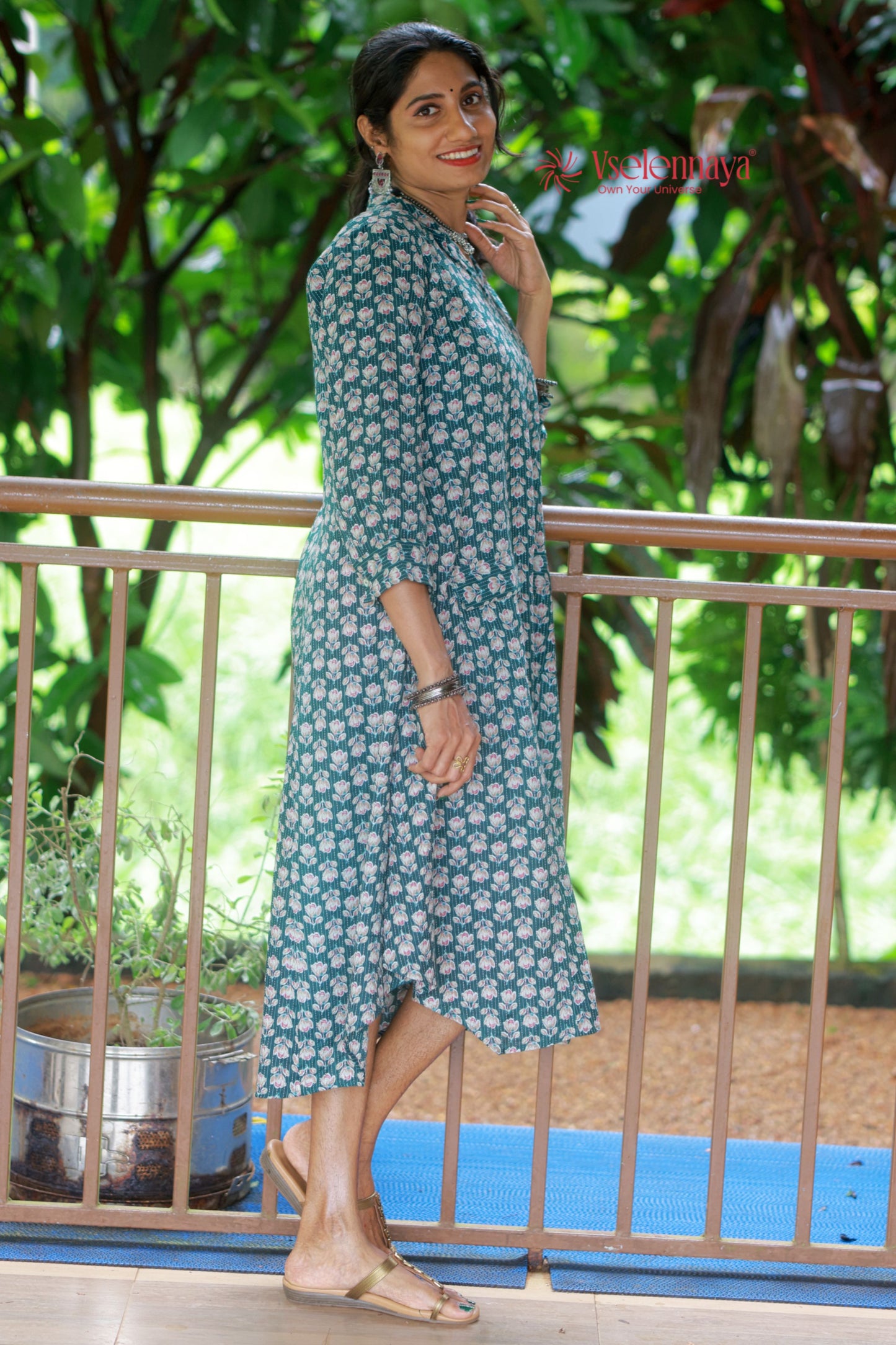 Kantha Cotton A Line Dress - Forest Green