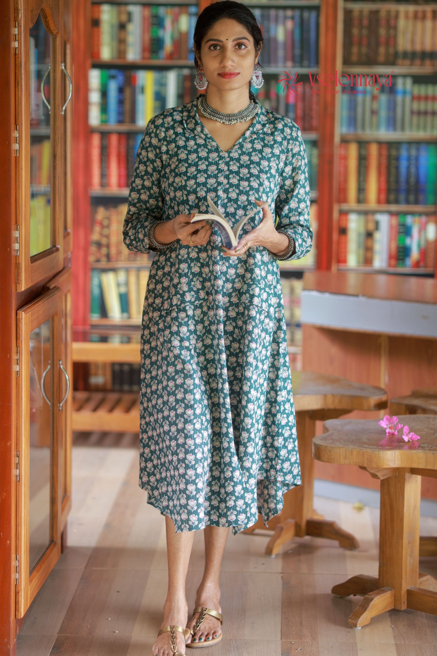 Kantha Cotton A Line Dress - Forest Green