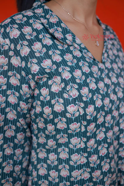 Kantha Cotton A Line Dress - Forest Green