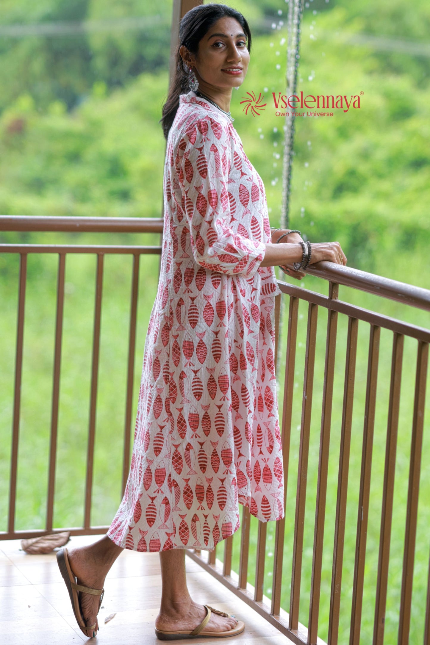 Kantha Cotton A Line Dress - White with Pink Motifs
