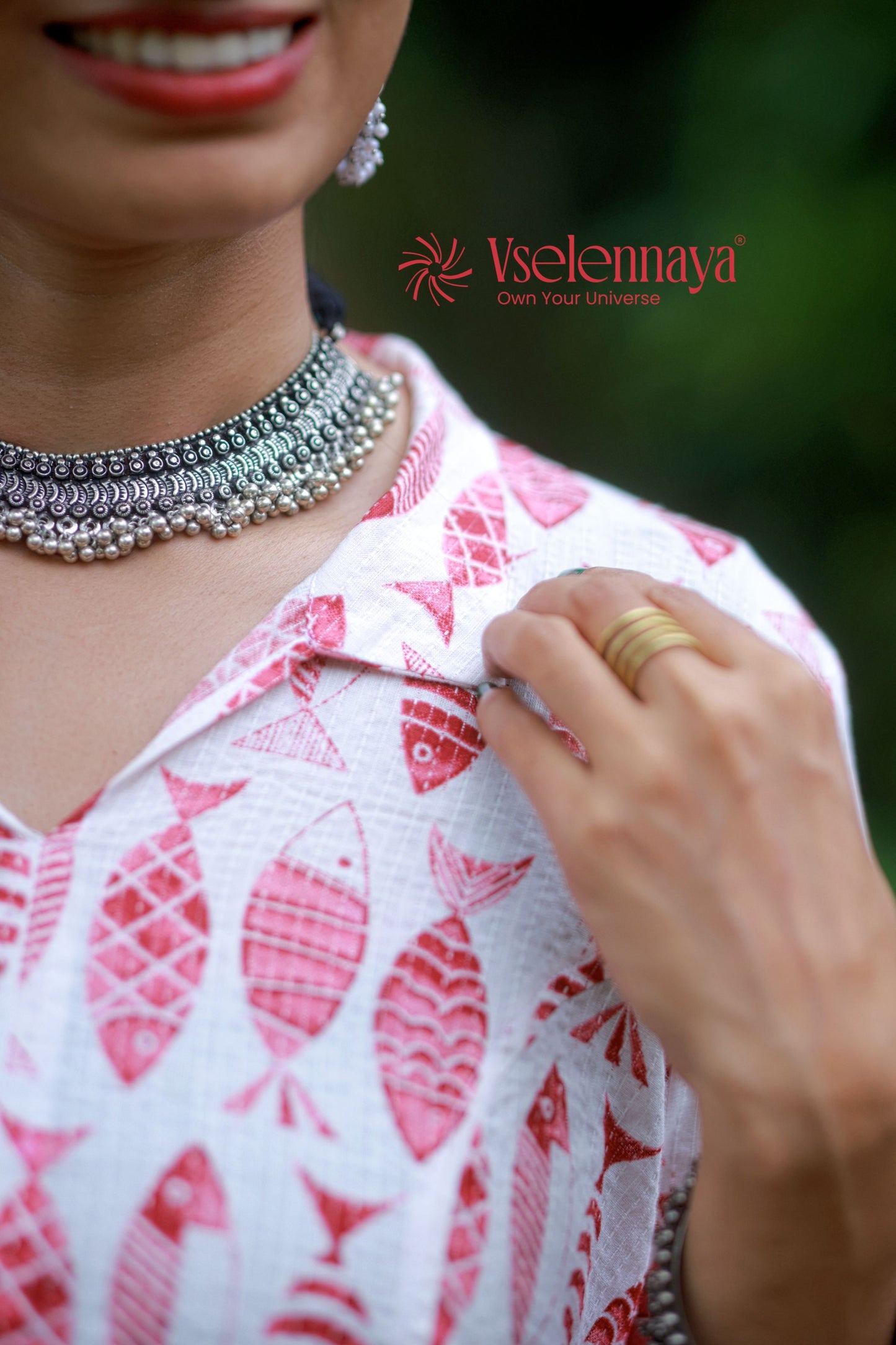 Kantha Cotton A Line Dress - White with Pink Motifs