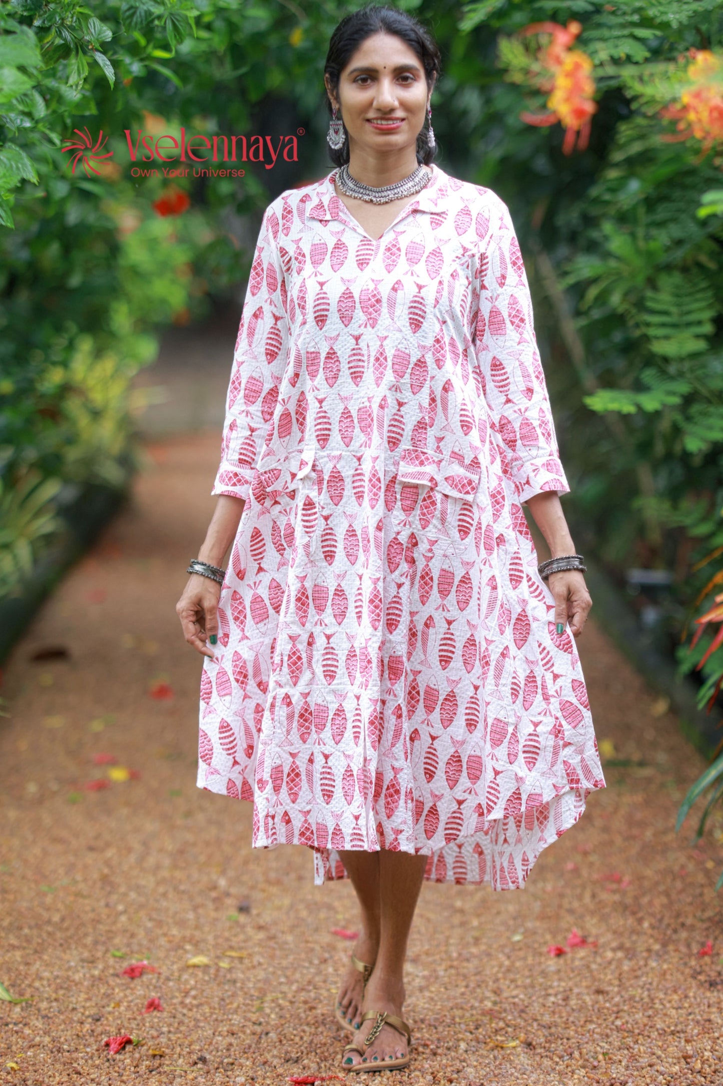Kantha Cotton A Line Dress - White with Pink Motifs