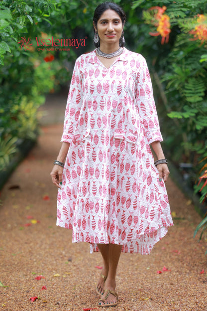 Kantha Cotton A Line Dress - White with Pink Motifs