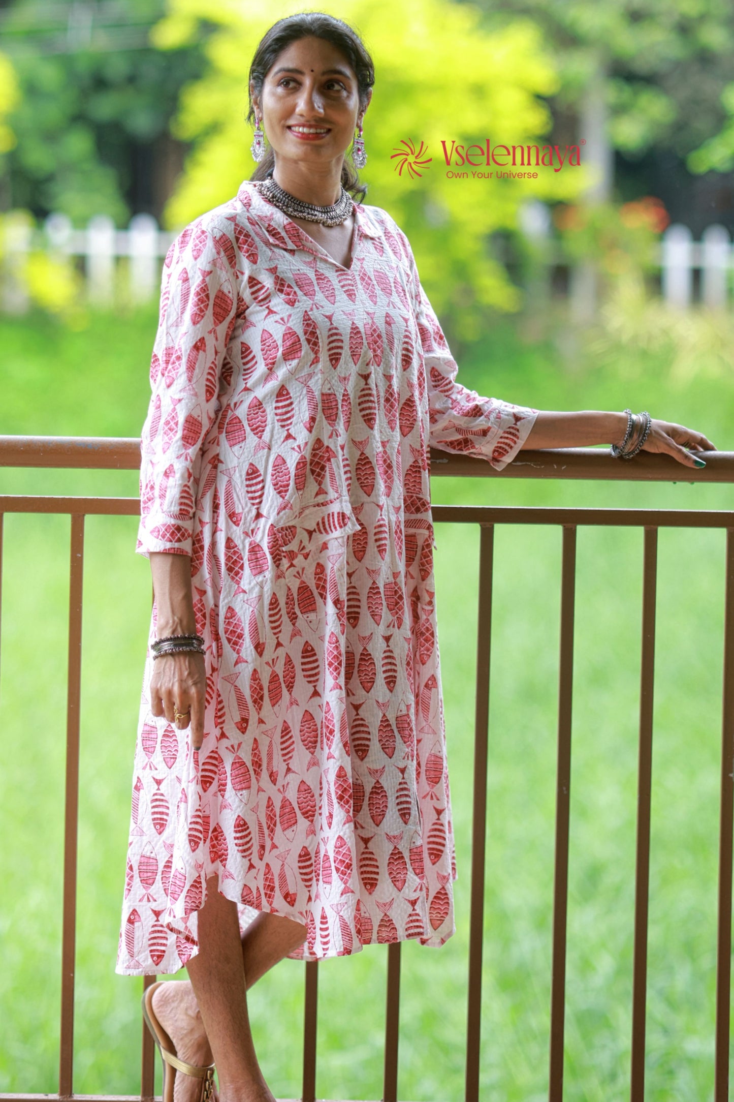 Kantha Cotton A Line Dress - White with Pink Motifs
