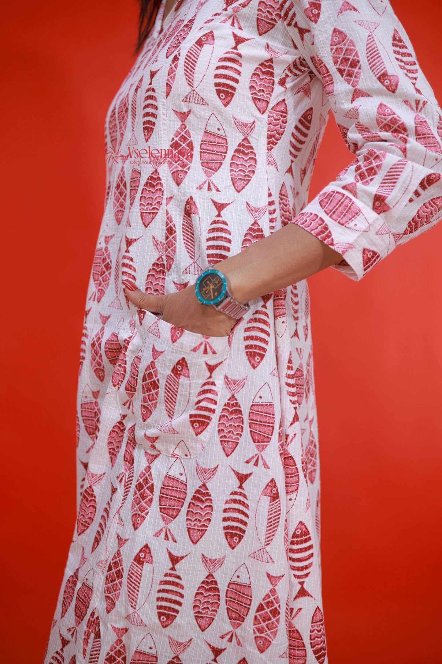 Kantha Cotton A Line Dress - White with Pink Motifs