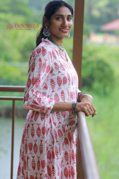 Kantha Cotton A Line Dress - White with Pink Motifs