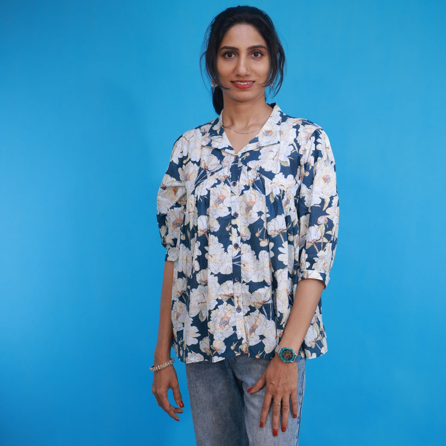 Gathered Shirt - Dark Teal Blue