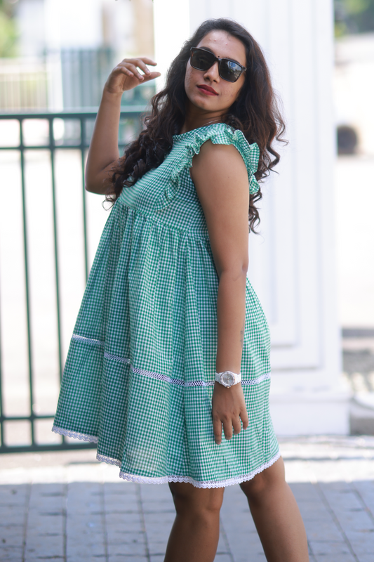 Gingham Check Babydoll Dress(Green)