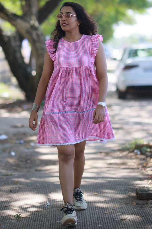 Gingham Check Babydoll Dress (Pink)