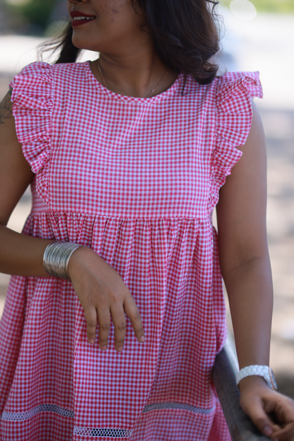 Gingham Check Babydoll Dress (Pink)