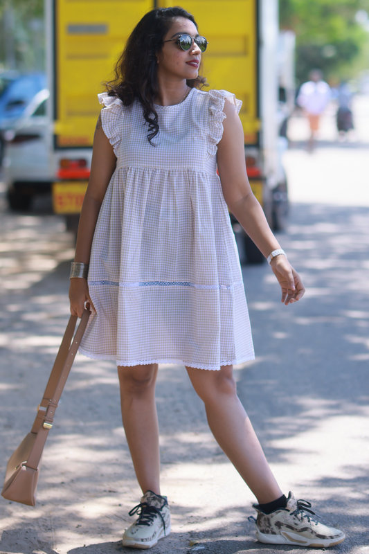 Gingham Check Babydoll Dress (Beige)