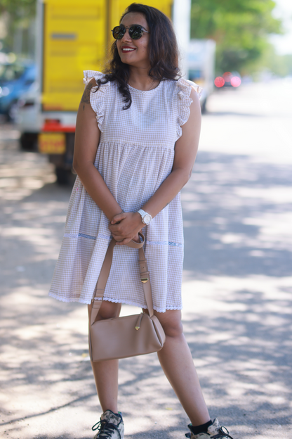 Gingham Check Babydoll Dress (Beige)